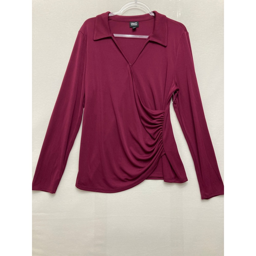 INC International Concepts Blouse Size XL Burgundy Ruched V-Neck Stretch Comfy